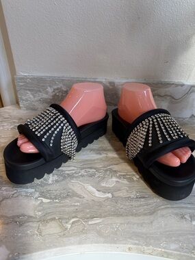 AREA Black Crystal Fringe Platform Slide Sandals